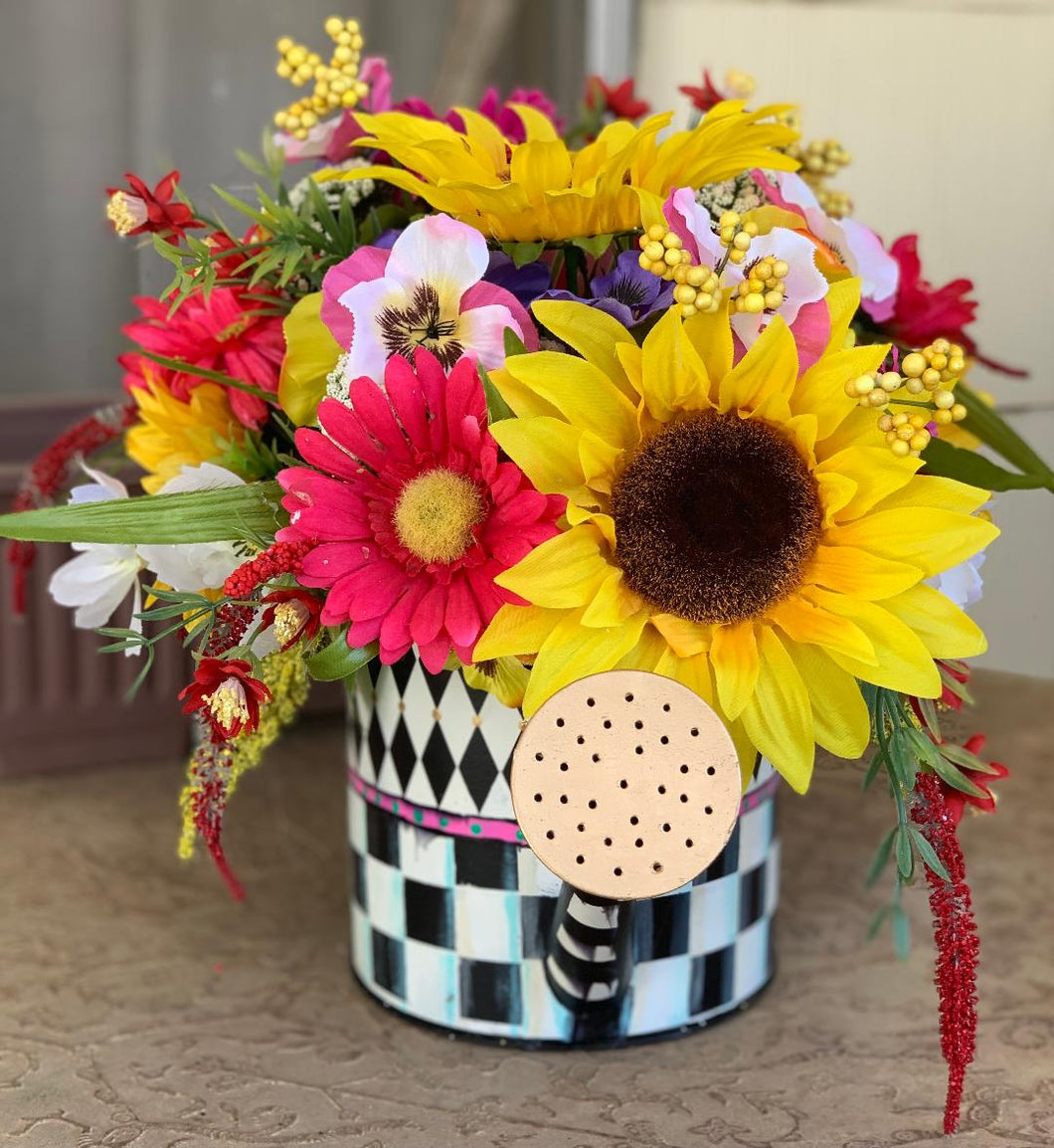 Mackenzie Childs inspired watering can floral arrangement